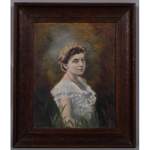 747 - A Rickless, late 19th century portrait of a woman, oil on opaque glass panel, signed, 25cm x 20cm, f... 