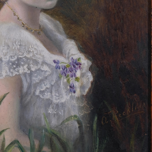 747 - A Rickless, late 19th century portrait of a woman, oil on opaque glass panel, signed, 25cm x 20cm, f... 