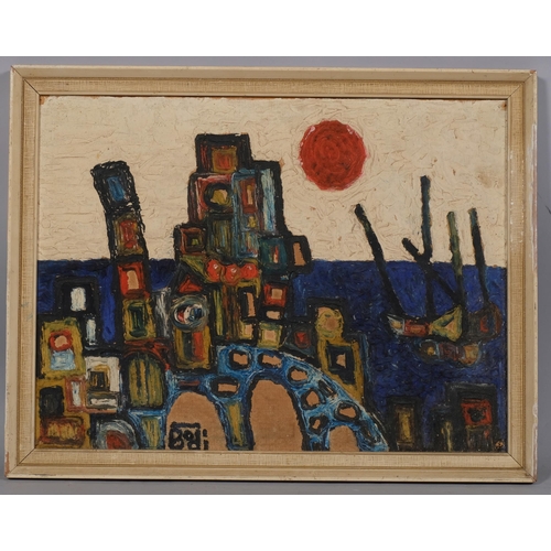 748 - Bodi, abstract townscape, mid-20th century oil on board, signed, 40cm x 51cm, framed