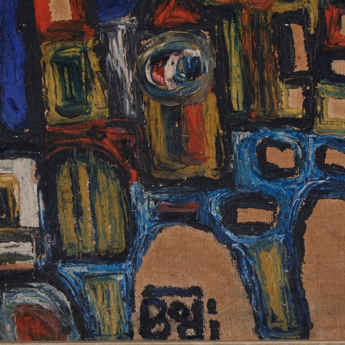 748 - Bodi, abstract townscape, mid-20th century oil on board, signed, 40cm x 51cm, framed