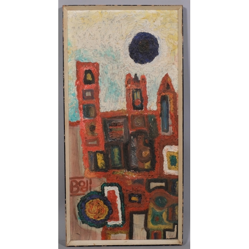 749 - Bodi, abstract townscape, mid-20th century oil on board, signed, 62cm x 29cm, framed