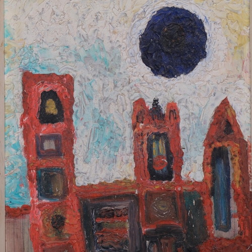 749 - Bodi, abstract townscape, mid-20th century oil on board, signed, 62cm x 29cm, framed