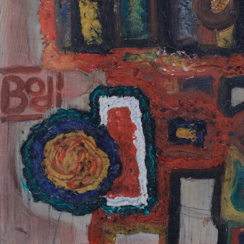 749 - Bodi, abstract townscape, mid-20th century oil on board, signed, 62cm x 29cm, framed