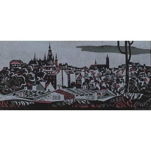 751 - Czech townscape, mid-20th century woodblock print, signed and dated 1964, no. 25/200, image 21cm x 4... 