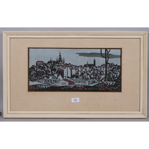 751 - Czech townscape, mid-20th century woodblock print, signed and dated 1964, no. 25/200, image 21cm x 4... 