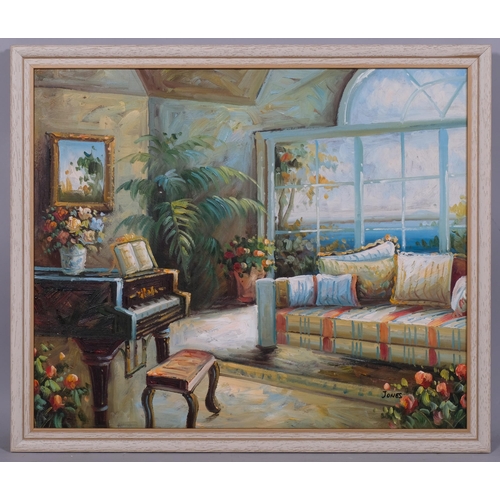 756 - Jones Lee, interior scene, oil on canvas, signed, 50cm x 60cm, framed