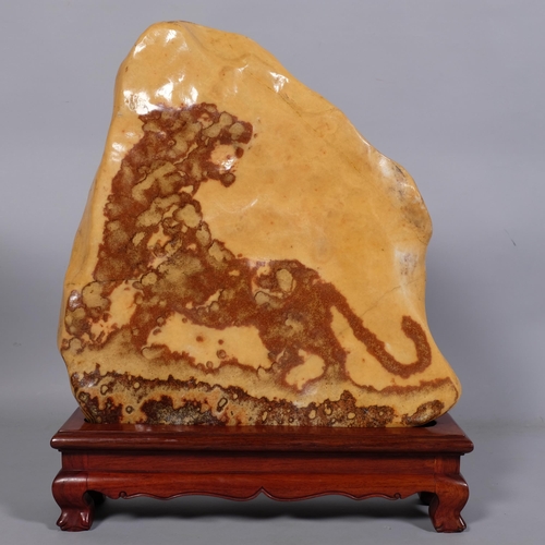 763 - Abstract marble/stone sculpture depicting a tiger, on hardwood stand, overall height 55cm