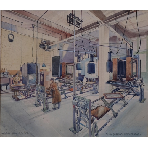 764 - Harry Thomas, Daily Graphic process workshop, watercolour, signed and dated 1952, 26cm x 30cm, mount... 