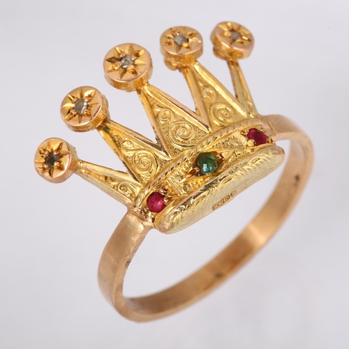 1263 - An Antique 9ct gold emerald ruby and diamond crown ring, setting height 15.9mm, size N, 3.4g