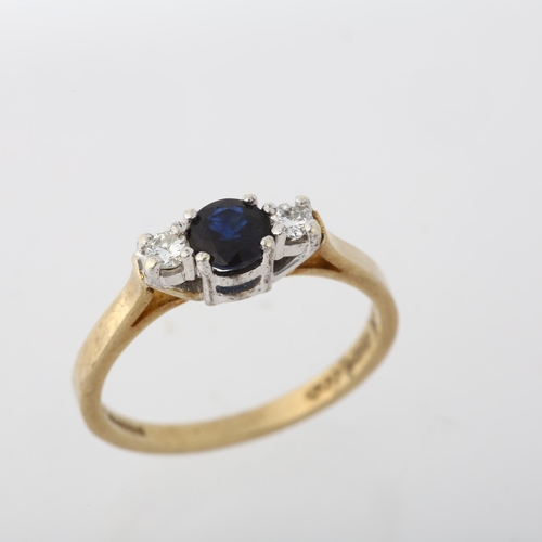 1379 - A 9ct gold three stone sapphire and diamond ring, setting height 4.7mm, size M, 2.1g