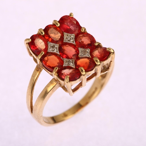 1383 - A modern 9ct gold orange sapphire and diamond panel ring, concave design set with oval mixed-cut sap... 