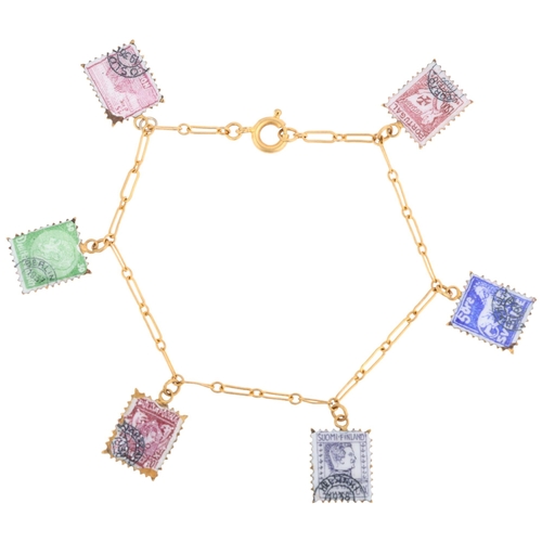 An Art Deco enamel postage stamp charm bracelet, each charm depicting 1930s European postage stamps, including Finland, Germany, Poland, Portugal etc, apparently unmarked, 17cm, 7.2g