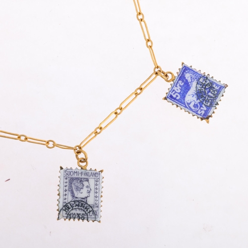 1101 - An Art Deco enamel postage stamp charm bracelet, each charm depicting 1930s European postage stamps,... 