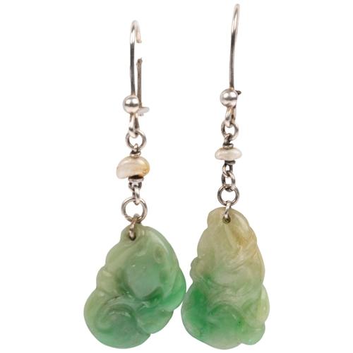 1105 - A pair of jade and pearl 'Double Gourd' drop earrings, circa 1930s, each with carved and polished ja... 