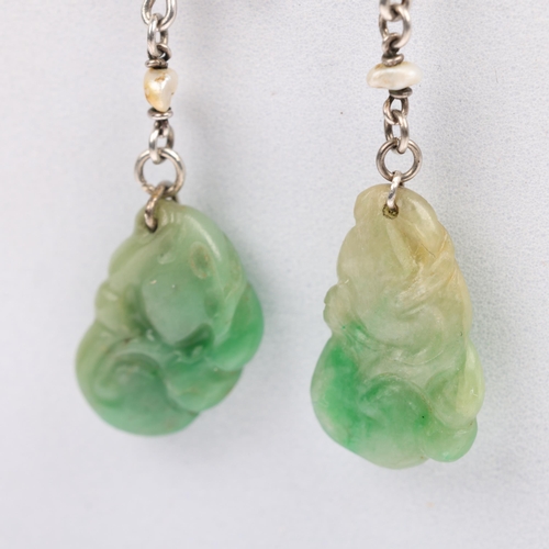 1105 - A pair of jade and pearl 'Double Gourd' drop earrings, circa 1930s, each with carved and polished ja... 