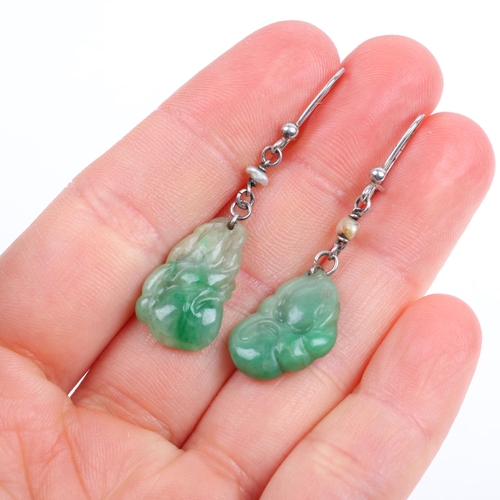 1105 - A pair of jade and pearl 'Double Gourd' drop earrings, circa 1930s, each with carved and polished ja... 