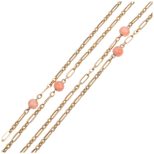 1108 - An Antique 18ct gold coral bead spacer link long guard chain necklace, with 18ct dog clip set with 6... 