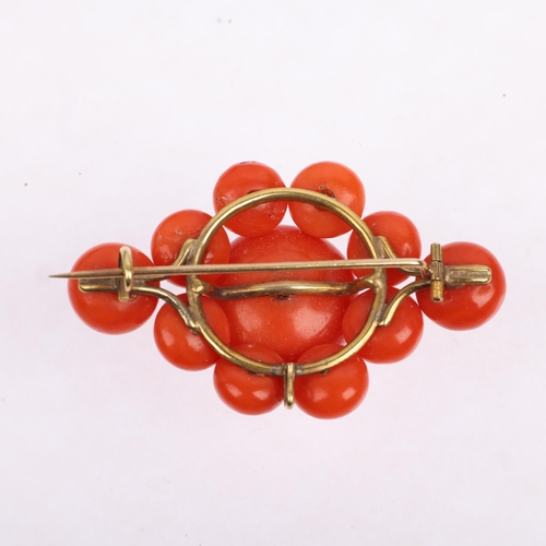 1109 - A Victorian button coral cluster brooch, circa 1880, with wirework frame and vacant drop, apparently... 