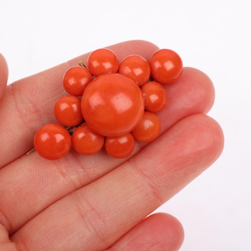 1109 - A Victorian button coral cluster brooch, circa 1880, with wirework frame and vacant drop, apparently... 