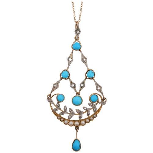 1110 - An Art Nouveau Edwardian turquoise pearl and diamond openwork pendant necklace, the articulated pend... 