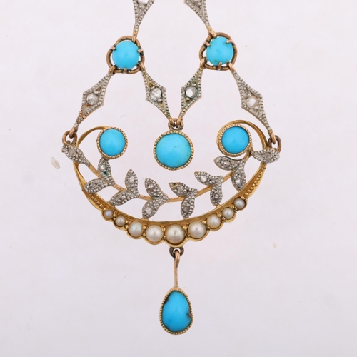 1110 - An Art Nouveau Edwardian turquoise pearl and diamond openwork pendant necklace, the articulated pend... 