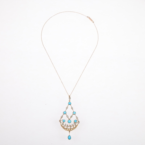 1110 - An Art Nouveau Edwardian turquoise pearl and diamond openwork pendant necklace, the articulated pend... 