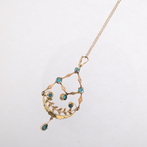 1110 - An Art Nouveau Edwardian turquoise pearl and diamond openwork pendant necklace, the articulated pend... 