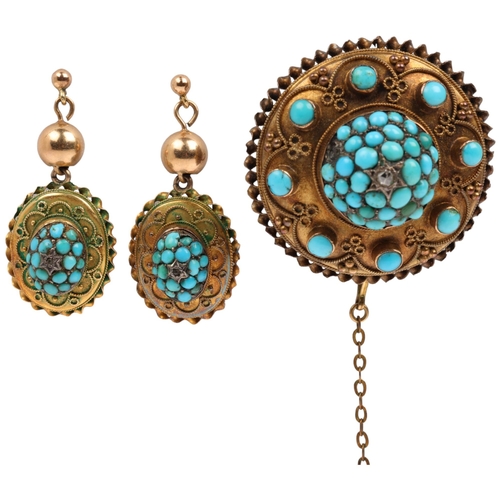 1111 - A Victorian Etruscan Revival turquoise and diamond bombe mourning brooch and earring set, circa 1860... 