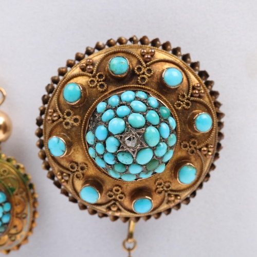 1111 - A Victorian Etruscan Revival turquoise and diamond bombe mourning brooch and earring set, circa 1860... 