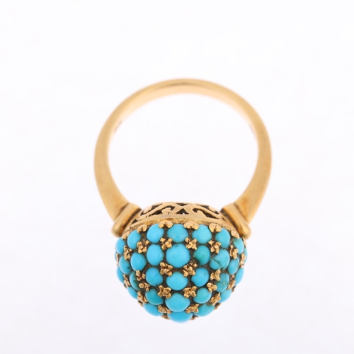 1112 - An Italian 18ct gold turquoise bombe ring, late 20th century, pave set with round cabochon turquoise... 