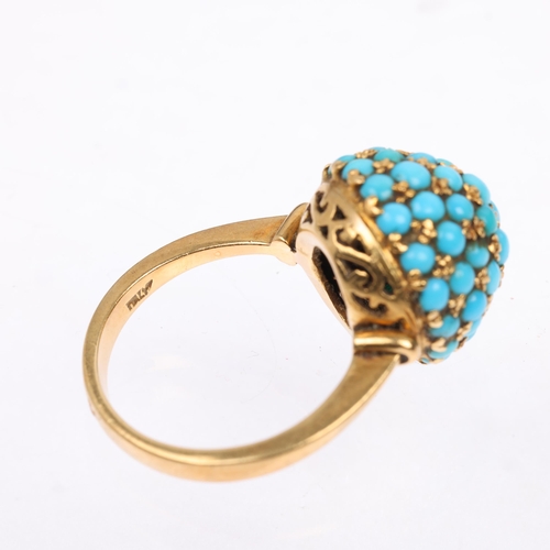 1112 - An Italian 18ct gold turquoise bombe ring, late 20th century, pave set with round cabochon turquoise... 