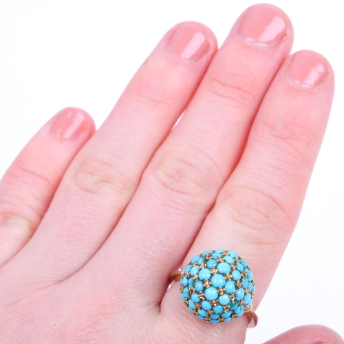 1112 - An Italian 18ct gold turquoise bombe ring, late 20th century, pave set with round cabochon turquoise... 