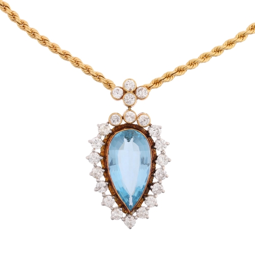 1115 - A late 20th century 18ct gold aquamarine and diamond pear cluster pendant necklace, maker MHC, circa... 