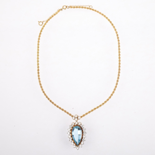 1115 - A late 20th century 18ct gold aquamarine and diamond pear cluster pendant necklace, maker MHC, circa... 