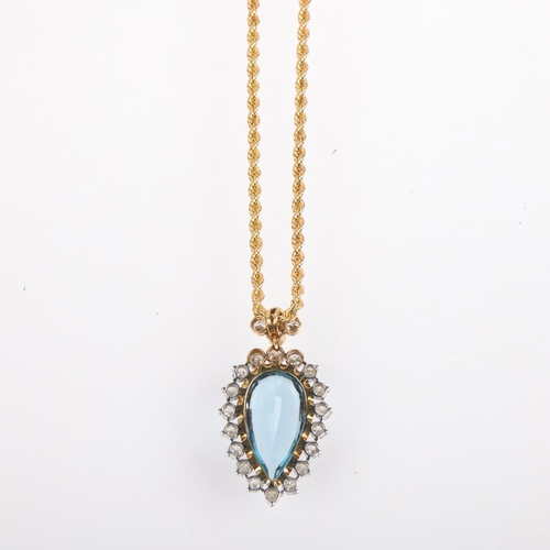 1115 - A late 20th century 18ct gold aquamarine and diamond pear cluster pendant necklace, maker MHC, circa... 