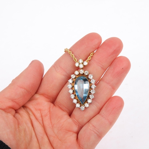 1115 - A late 20th century 18ct gold aquamarine and diamond pear cluster pendant necklace, maker MHC, circa... 