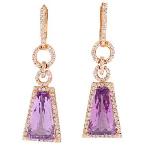 1116 - A pair of 18ct gold amethyst and diamond cluster drop earrings, set with tapered rectangular barrel-... 