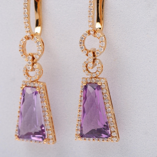 1116 - A pair of 18ct gold amethyst and diamond cluster drop earrings, set with tapered rectangular barrel-... 