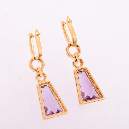 1116 - A pair of 18ct gold amethyst and diamond cluster drop earrings, set with tapered rectangular barrel-... 