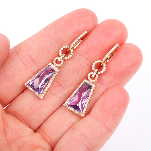 1116 - A pair of 18ct gold amethyst and diamond cluster drop earrings, set with tapered rectangular barrel-... 