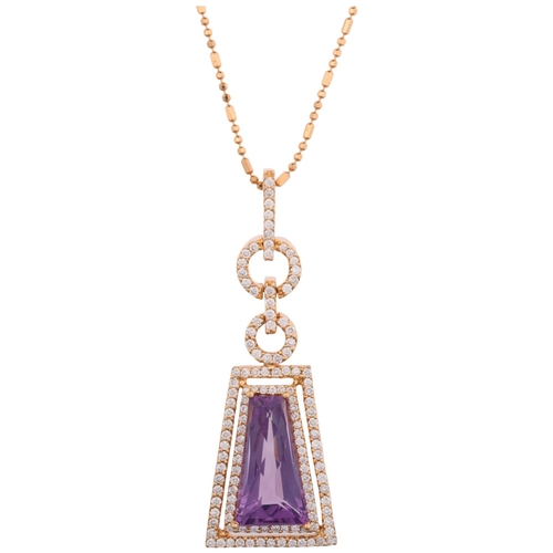 1117 - An 18ct gold amethyst and diamond cluster pendant necklace, set with tapered rectangular barrel-cut ... 