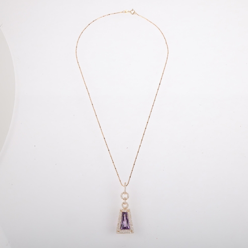 1117 - An 18ct gold amethyst and diamond cluster pendant necklace, set with tapered rectangular barrel-cut ... 