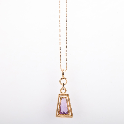 1117 - An 18ct gold amethyst and diamond cluster pendant necklace, set with tapered rectangular barrel-cut ... 