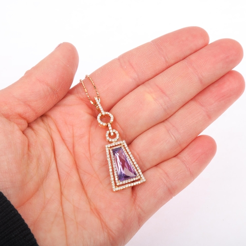 1117 - An 18ct gold amethyst and diamond cluster pendant necklace, set with tapered rectangular barrel-cut ... 