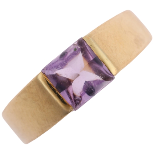 1118 - A modern 18ct gold amethyst tank style ring, set with square cabochon amethyst, no maker's marks, se... 