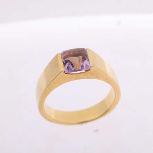 1118 - A modern 18ct gold amethyst tank style ring, set with square cabochon amethyst, no maker's marks, se... 