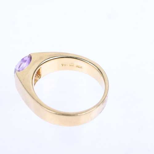 1118 - A modern 18ct gold amethyst tank style ring, set with square cabochon amethyst, no maker's marks, se... 