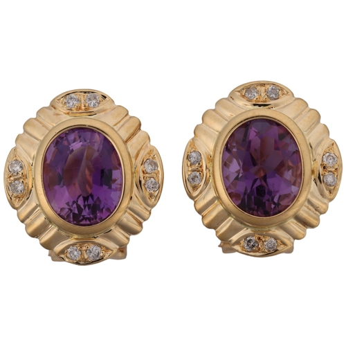 1119 - A pair of Italian 18ct gold amethyst and diamond earrings, rub-over set with oval mixed-cut amethyst... 