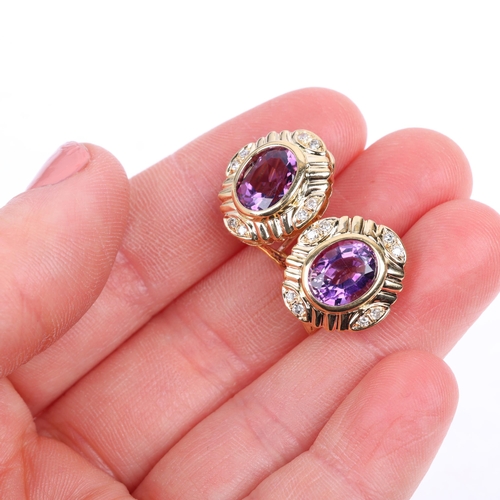 1119 - A pair of Italian 18ct gold amethyst and diamond earrings, rub-over set with oval mixed-cut amethyst... 