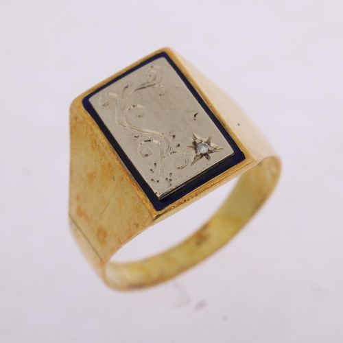 1121 - An 18ct gold diamond and blue enamel signet ring, with foliate engraved panel, setting height 16.3mm... 